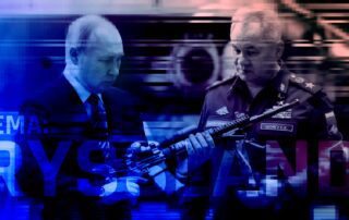 Bild på Putin som håller i ett vapen. Längst ner på bilden står det: Tema ryssland