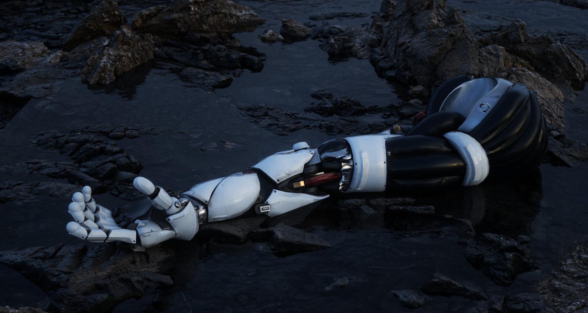 AI robot arm, trasig, ligger på marken