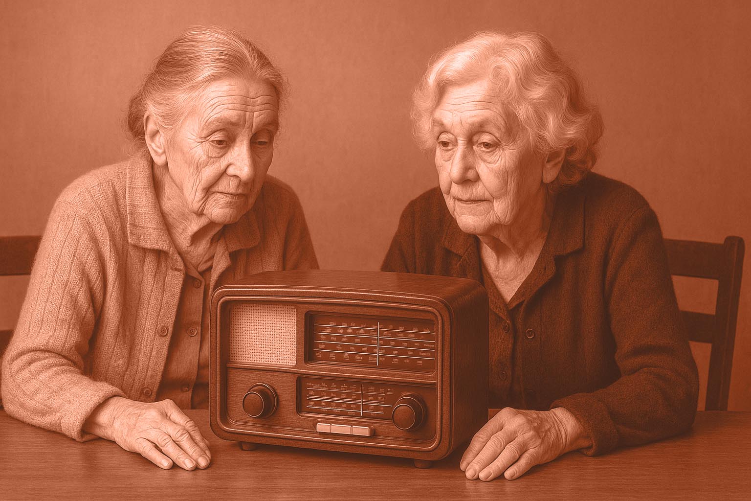 radio-tva-aldre-kvinnor Två äldre kvinnor lyssnar på gammal radio