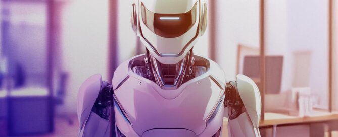 En android med hjälm tittar rakt in i kameran. Bilden är tonad från lila till orange.