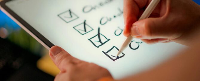 En hand håller i en penna och gör ett check i en box på en surfplatta