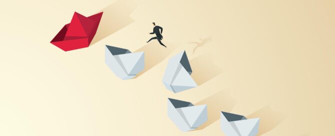 Illustration som symboliserar risk, en person hoppar på klippor för att ta sig till en båt